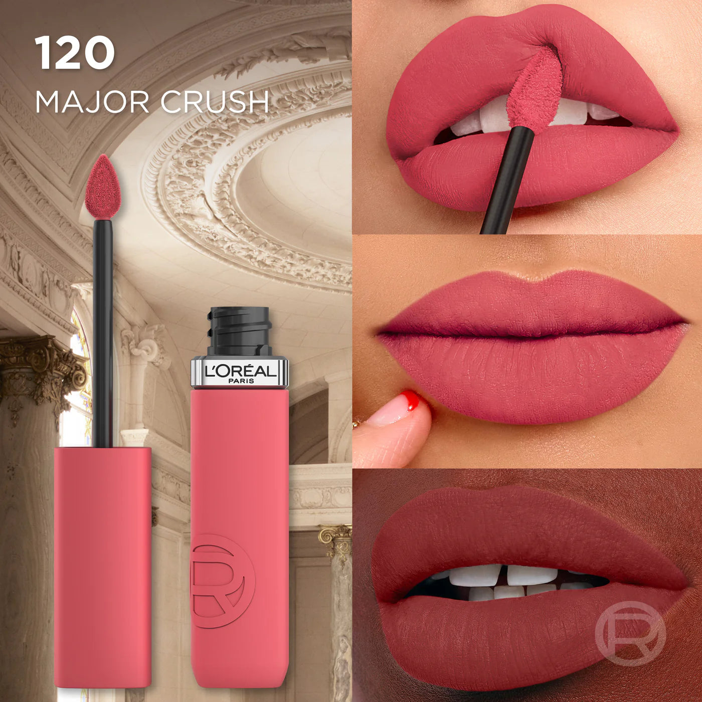 L'Oreal Paris lipstick with 'Major Crush' shade, close-up of lips wearing the color, and architectural background.