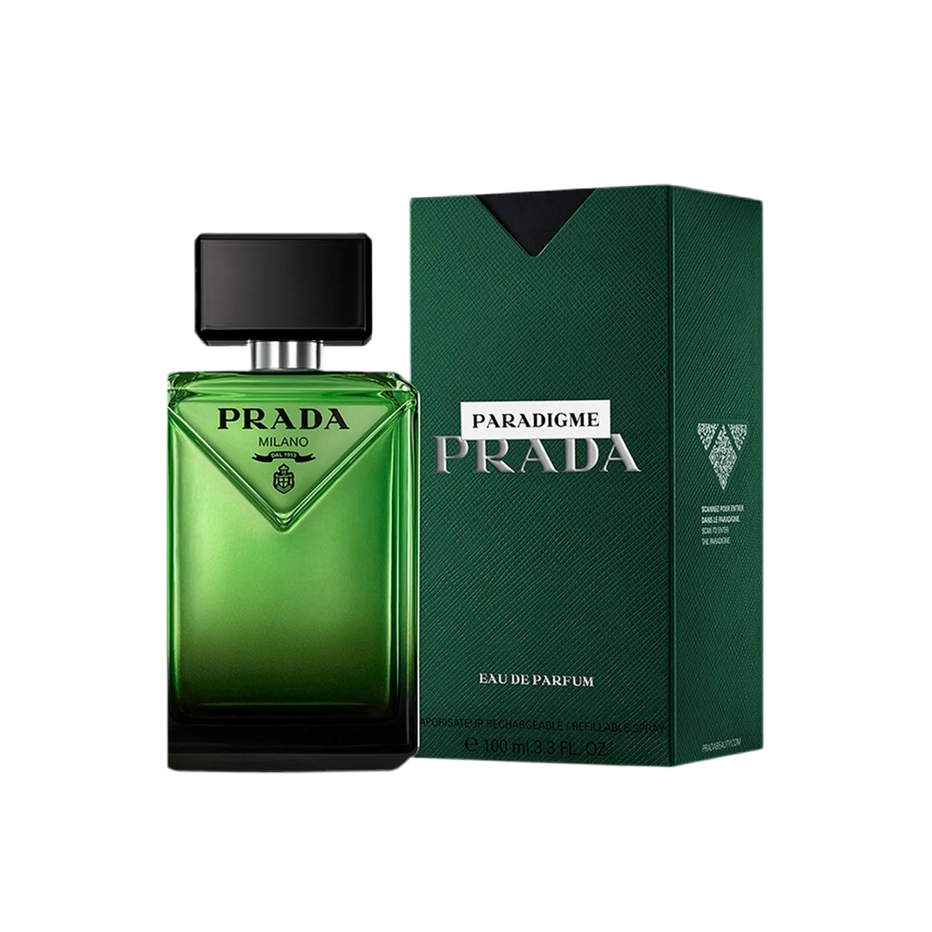 Prada Paradigme Eau de Parfum bottle and packaging on a white background