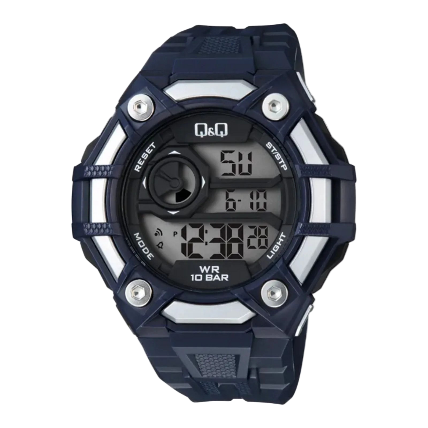 Men’s Q&Q Digital Sports Watch – 100M Waterproof, Dark Blue & Silver, Timer, Alarm & More – 1-Year Warranty