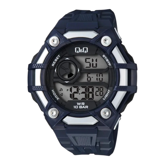 Men’s Q&Q Digital Sports Watch – 100M Waterproof, Dark Blue & Silver, Timer, Alarm & More – 1-Year Warranty