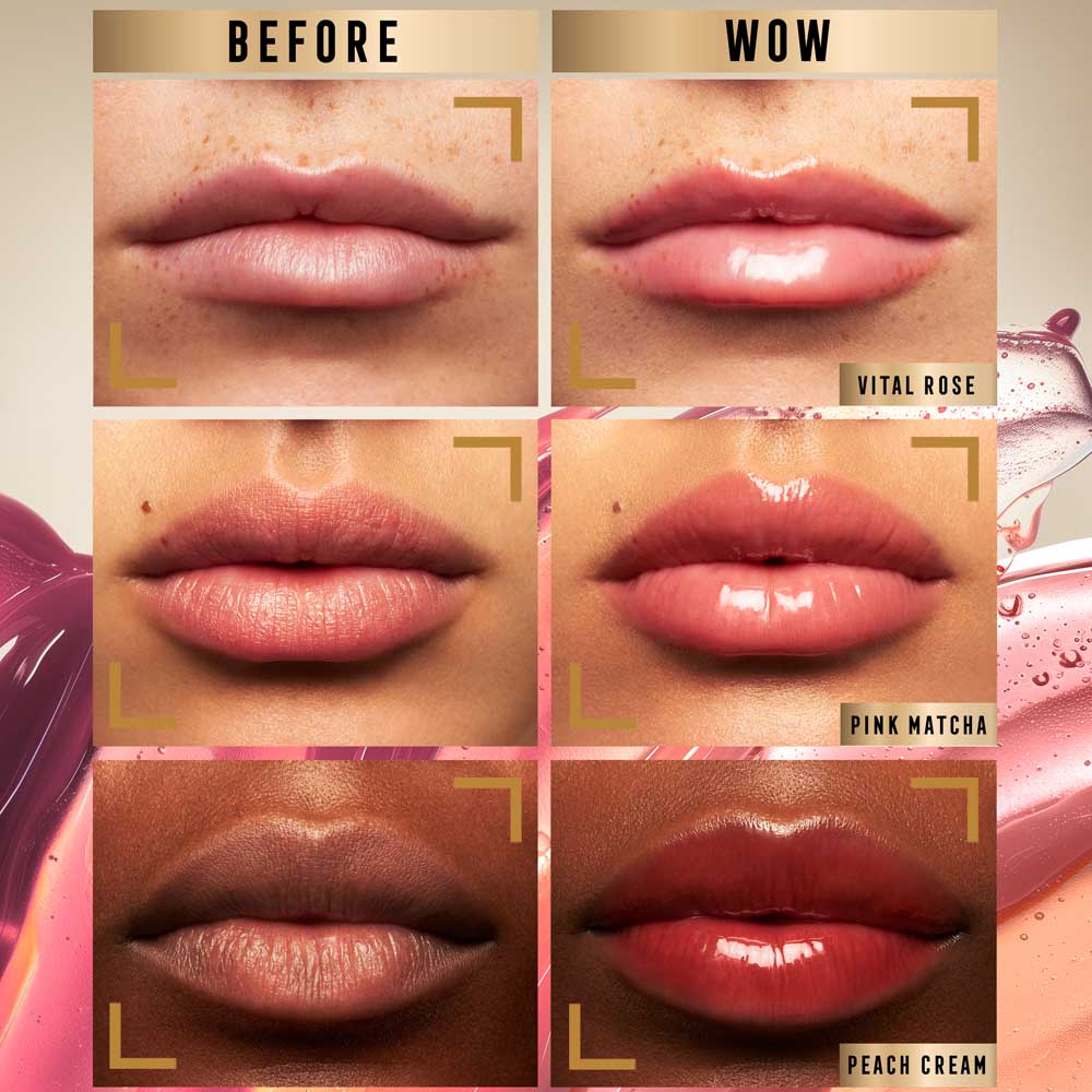 Before and after comparison of lips with different lip products labeled 'Vital Rose', 'Pink Matcha', and 'Peach Cream'.
