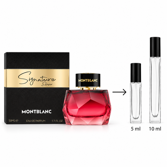 Montblanc Signature Elixir perfume shown with its black and gold 50ml box, a faceted red perfume bottle, and two clear sample spray bottles labeled 5 ml and 10 ml on a white background.