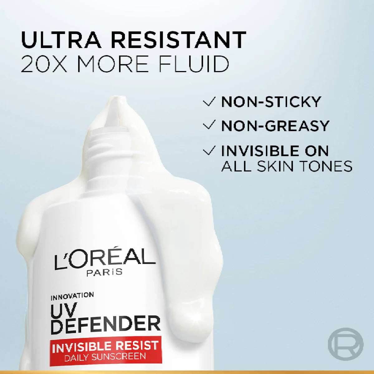 L'Oreal UV Defender sunscreen bottle with text highlighting features on a light blue background
