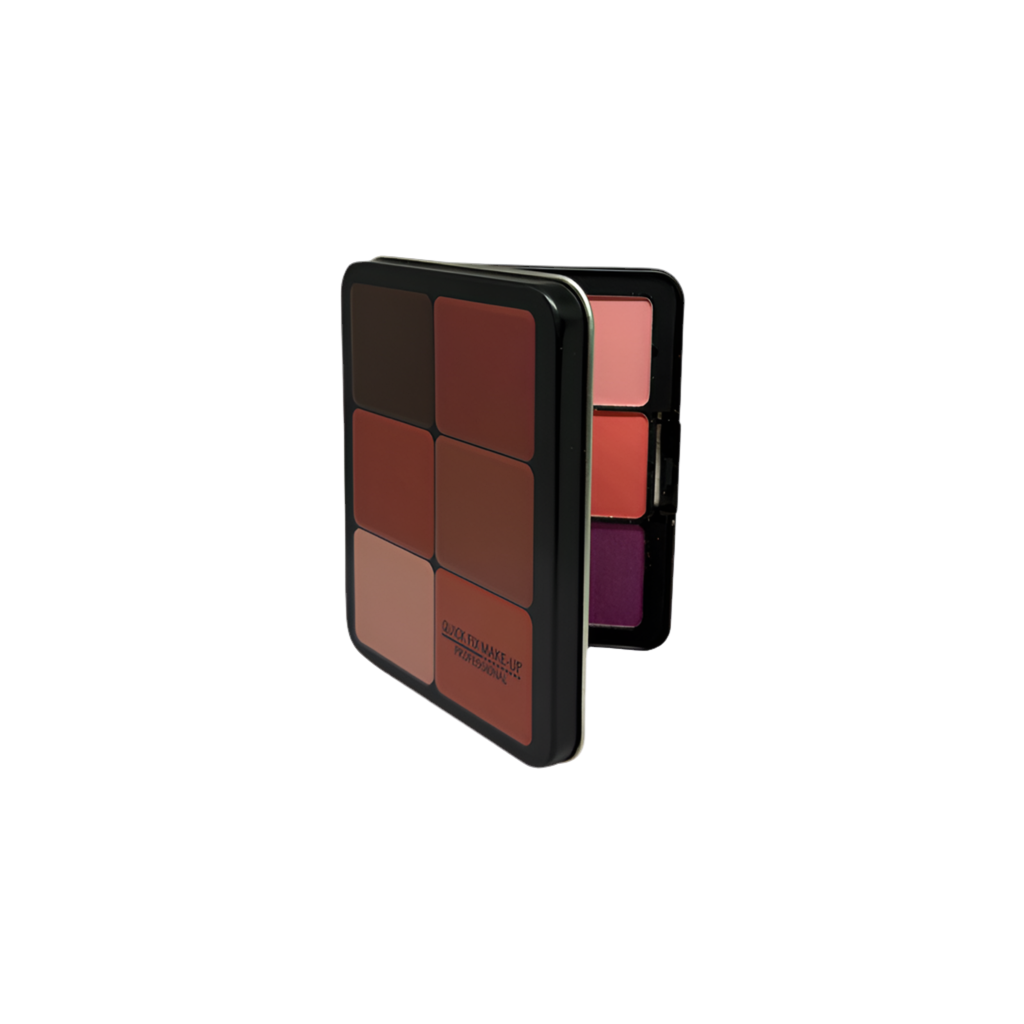 Makeup palette with various shades on a white background
