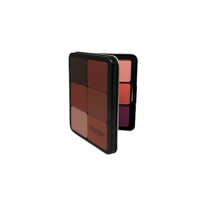Makeup palette with various shades on a white background