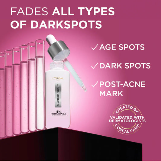 L’Oréal Paris Glycolic Bright Serum 30ml – 8% Melasyl™, Glycolic Acid & Niacinamide for Dark Spots Removal & Skin Brightening