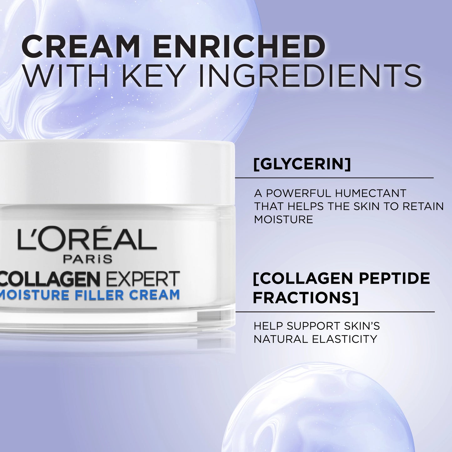L'Oreal Paris Collagen Expert cream with text about key ingredients on a light blue background