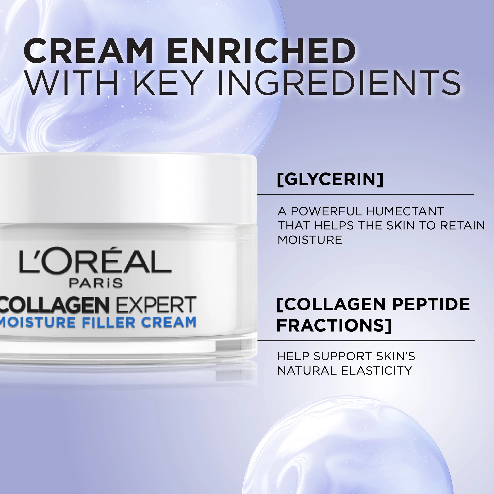 L'Oreal Paris Collagen Expert cream with text about key ingredients on a light blue background