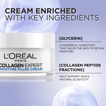 L'Oreal Paris Collagen Expert cream with text about key ingredients on a light blue background