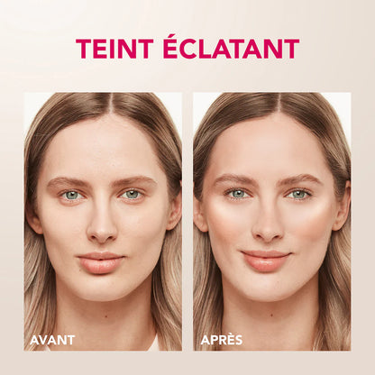 Before and after comparison of a woman's face with 'Teint Éclatant' text above.