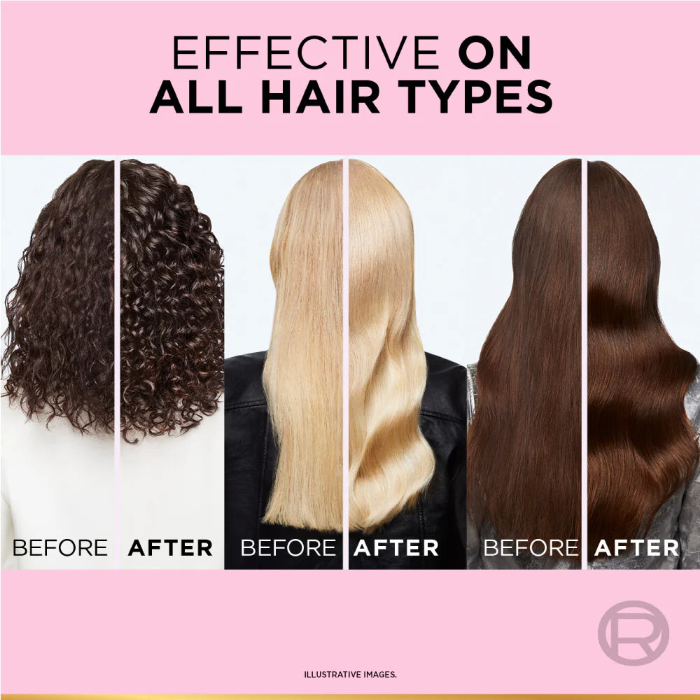 Before and after hair comparison with text 'Effective on all hair types' on a pink background.