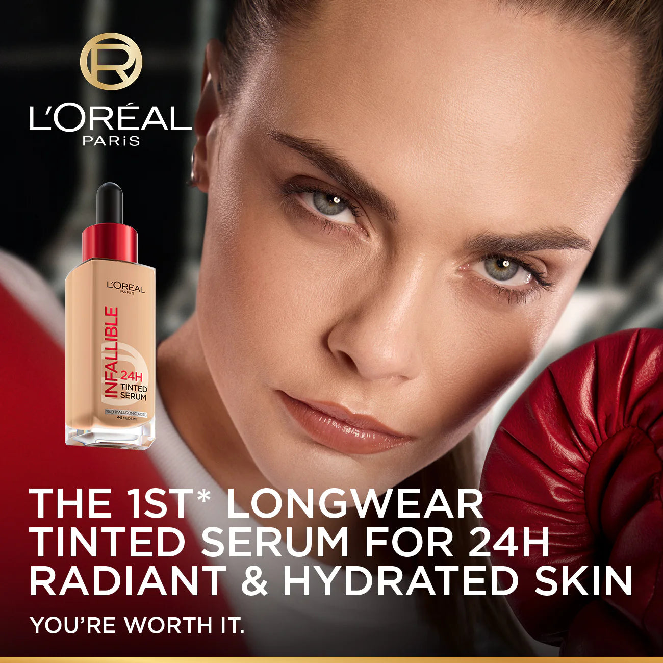 L'Oreal Paris Infallible serum advertisement with a woman's face and product.