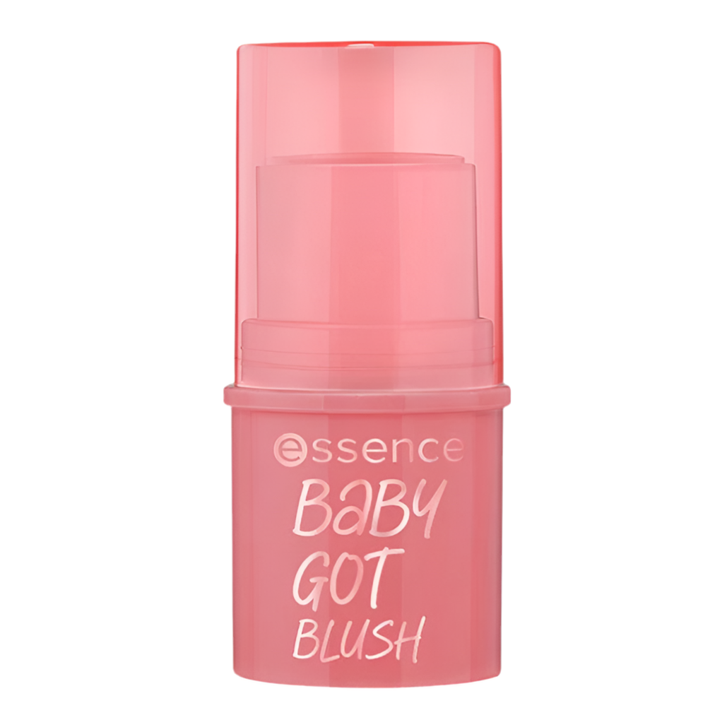 Pink blush stick with 'essence' branding on a white background