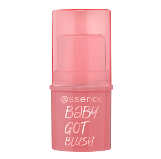 Pink blush stick with 'essence' branding on a white background