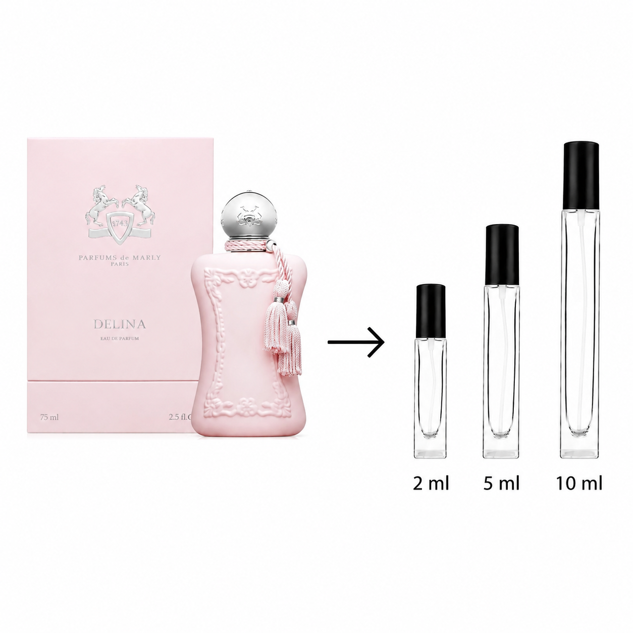 A Delina Parfums de Marly bottle in pale pink with a silver cap stands beside its matching pink box. An arrow points to three clear sample spray vials with black caps labeled 2 ml, 5 ml, and 10 ml on a white background.