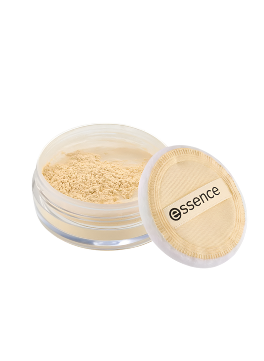 Open jar of loose powder with 'essence' branding on a white background