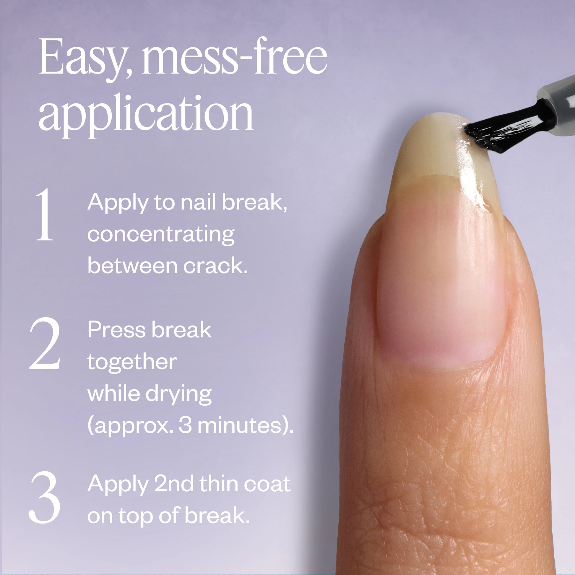 Nail repair process with a tool and text instructions on a purple background