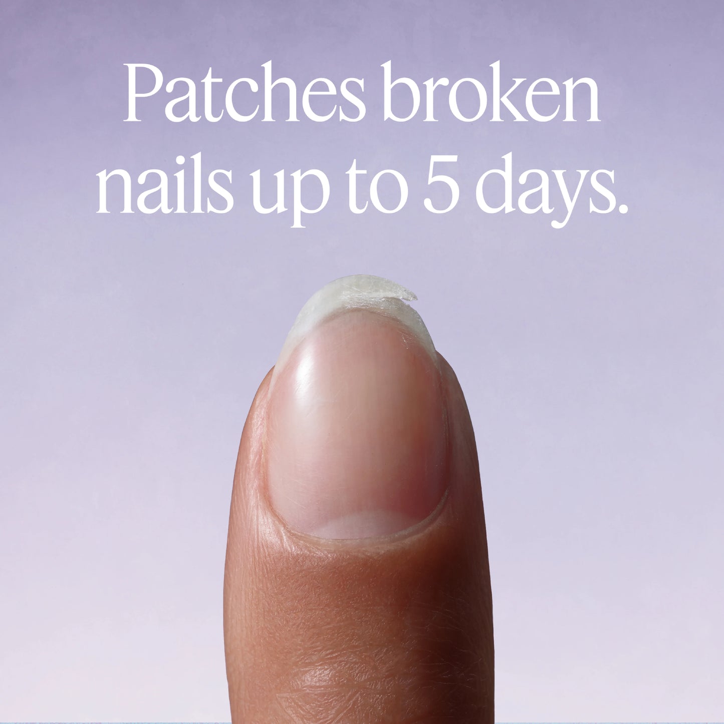 Finger with a patch on the nail, against a light purple background with text about patch effectiveness.