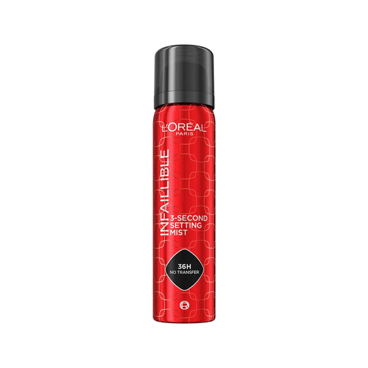 L'Oreal Paris Infallible setting mist spray on a white background