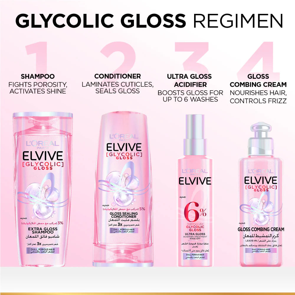 L'Oreal Elvive Glycolic Gloss hair care product lineup with text describing the regimen.