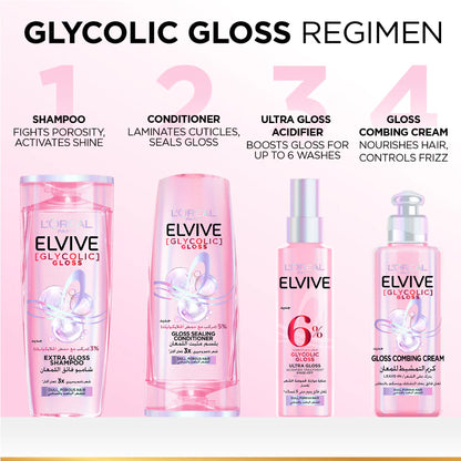 L'Oreal Elvive Glycolic Gloss hair care product lineup with text describing the regimen.