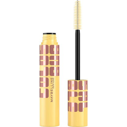 Maybelline mascara with yellow and black packaging on a white background