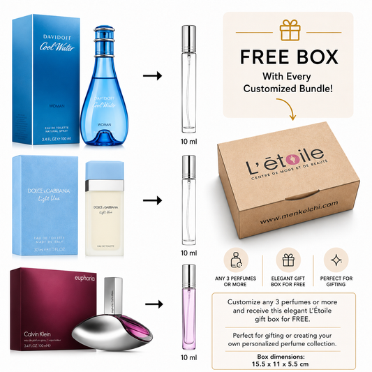 Collection of perfumes and packaging with promotional text for Létoile box offer.