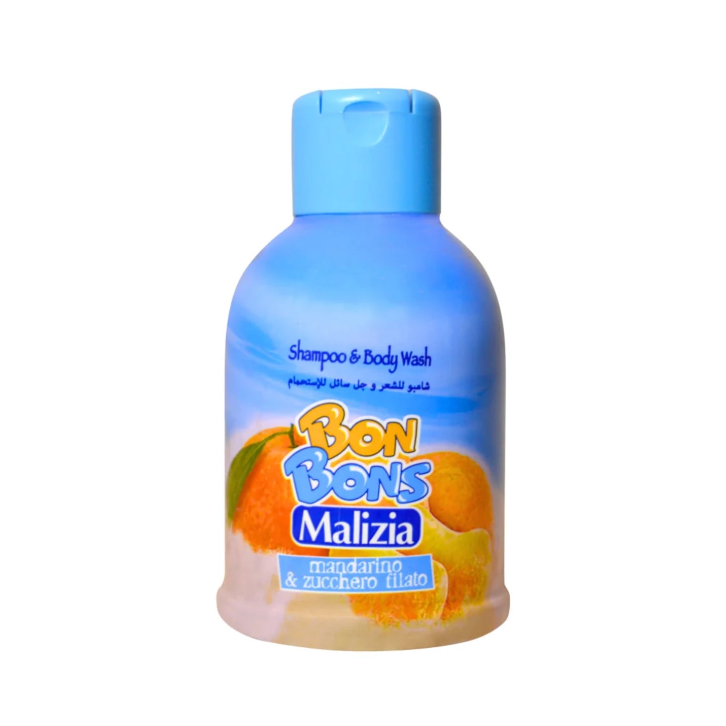 Blue bottle of Bon Bons Malizia shampoo and body wash with orange design on a white background