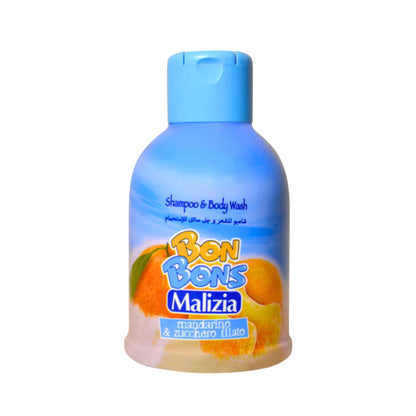 Blue bottle of Bon Bons Malizia shampoo and body wash with orange design on a white background