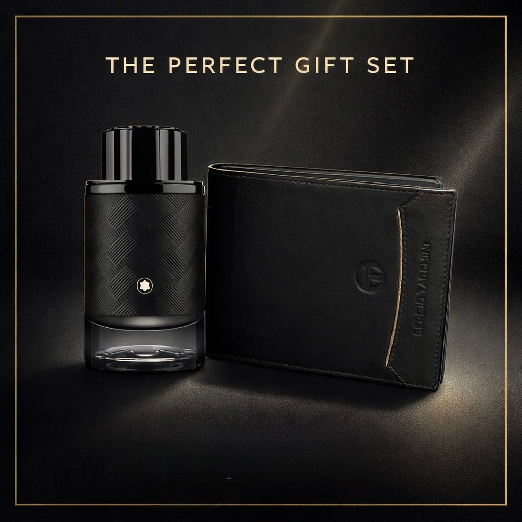 Black Prestige Gift Set For Men - Montblanc Explorer Extreme Perfume 100 ML & Sergio Tacchini Black Leather Wallet