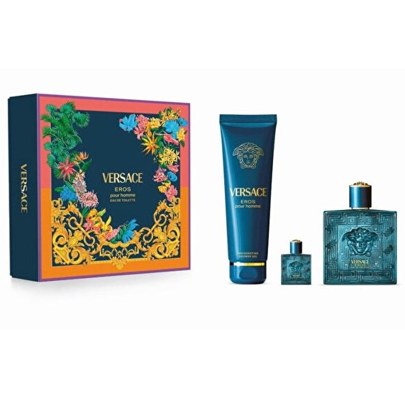 Versace Eros Parfum gift set featuring a decorative illustrated box, a blue body wash tube, a small blue bottle, and a larger blue perfume bottle on a white background.