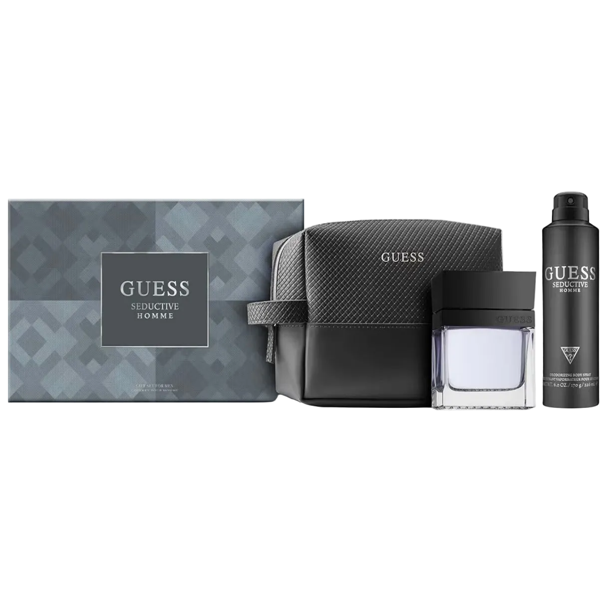 Guess men's grooming set with black pouch, bottle, of Guess Seductive Eau de Toilette, Guess Seductive Deodorant bottle, Guess shower gel  on a white background