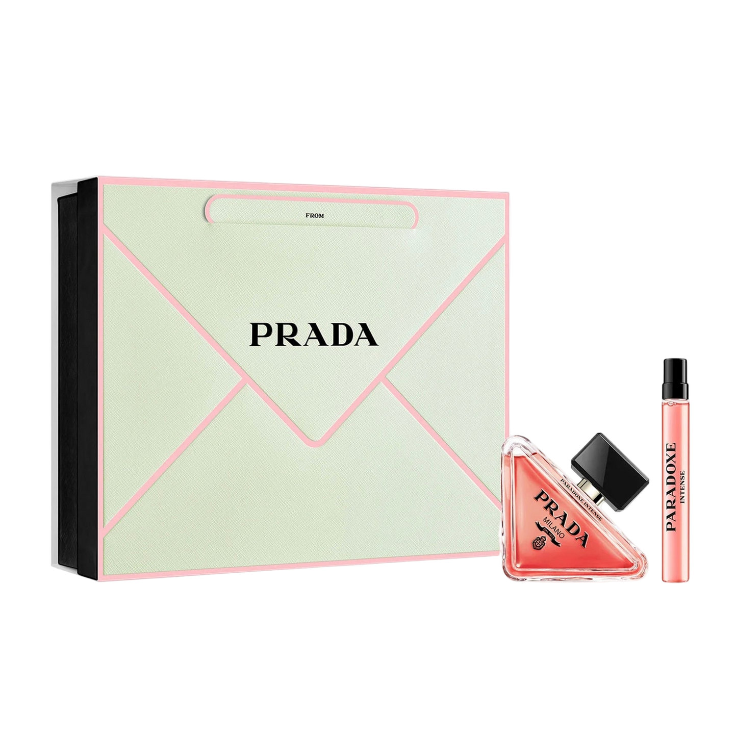 Prada Paradoxe Intense perfume set with a green envelope-shaped box on a white background