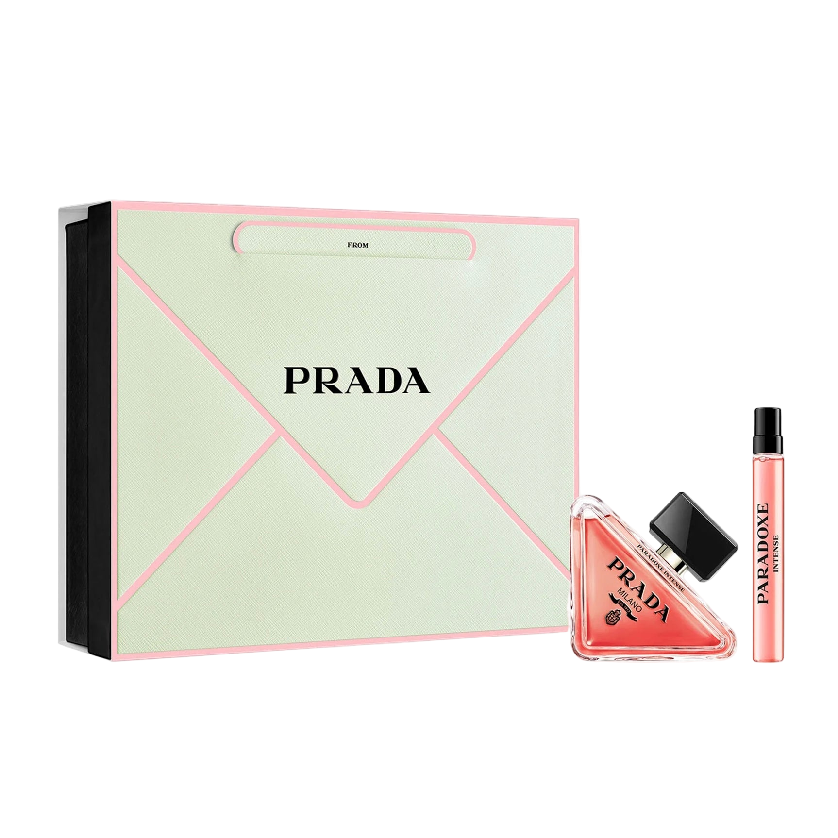 Prada Paradoxe Intense perfume set with a green envelope-shaped box on a white background