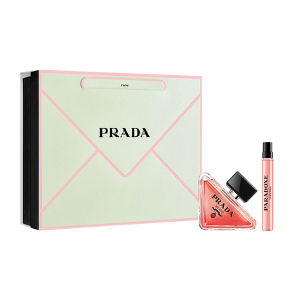 Prada Paradoxe Intense perfume set with a green envelope-shaped box on a white background