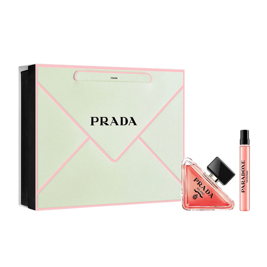 Prada Paradoxe Intense perfume set with a green envelope-shaped box on a white background