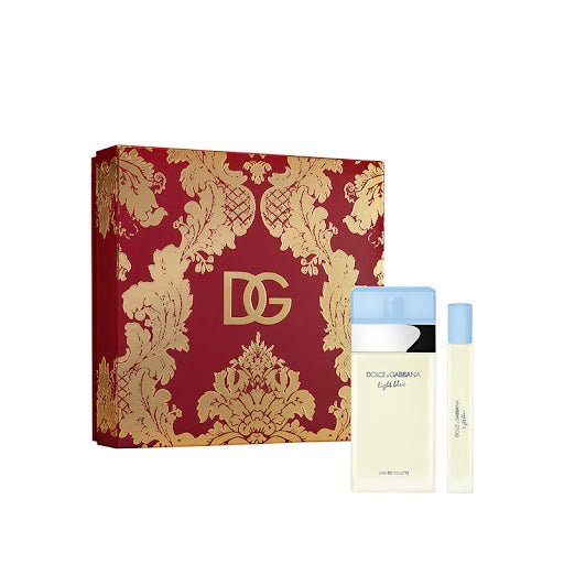 Dolce & Gabbana perfume set with red and gold packaging on a white background