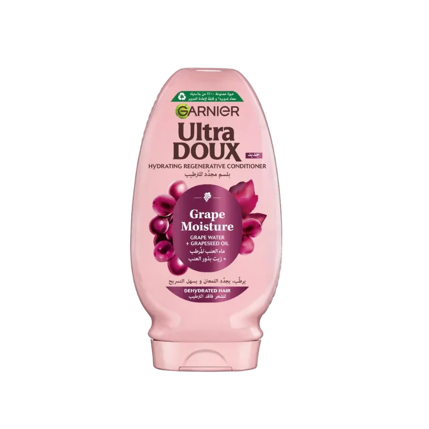 Garnier Ultra Doux Grape Moisture conditioner bottle on a white background