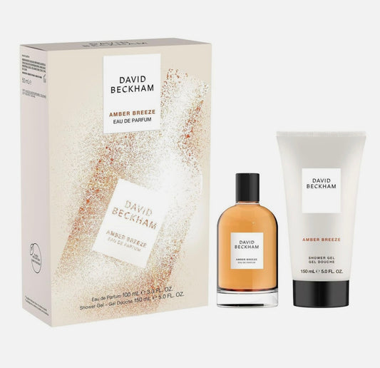 David Beckham Amber Breeze perfume and shower gel set on a white background