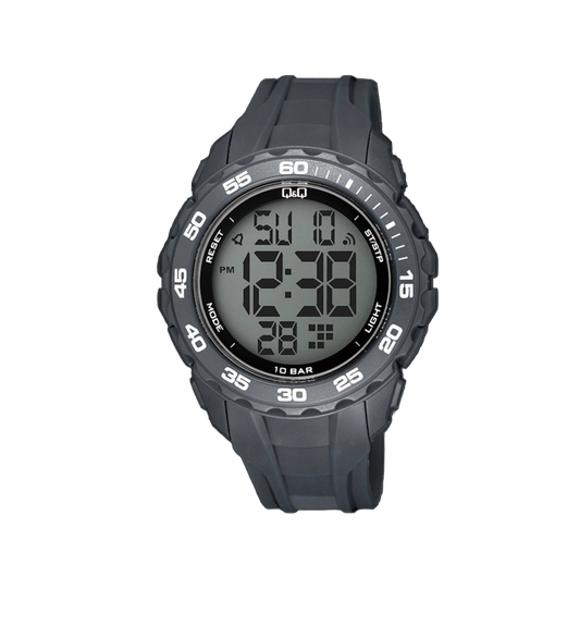 Men’s Q&Q Digital Sports Watch – 100M Waterproof, Grey, Timer, Alarm & More – 1-Year Warranty