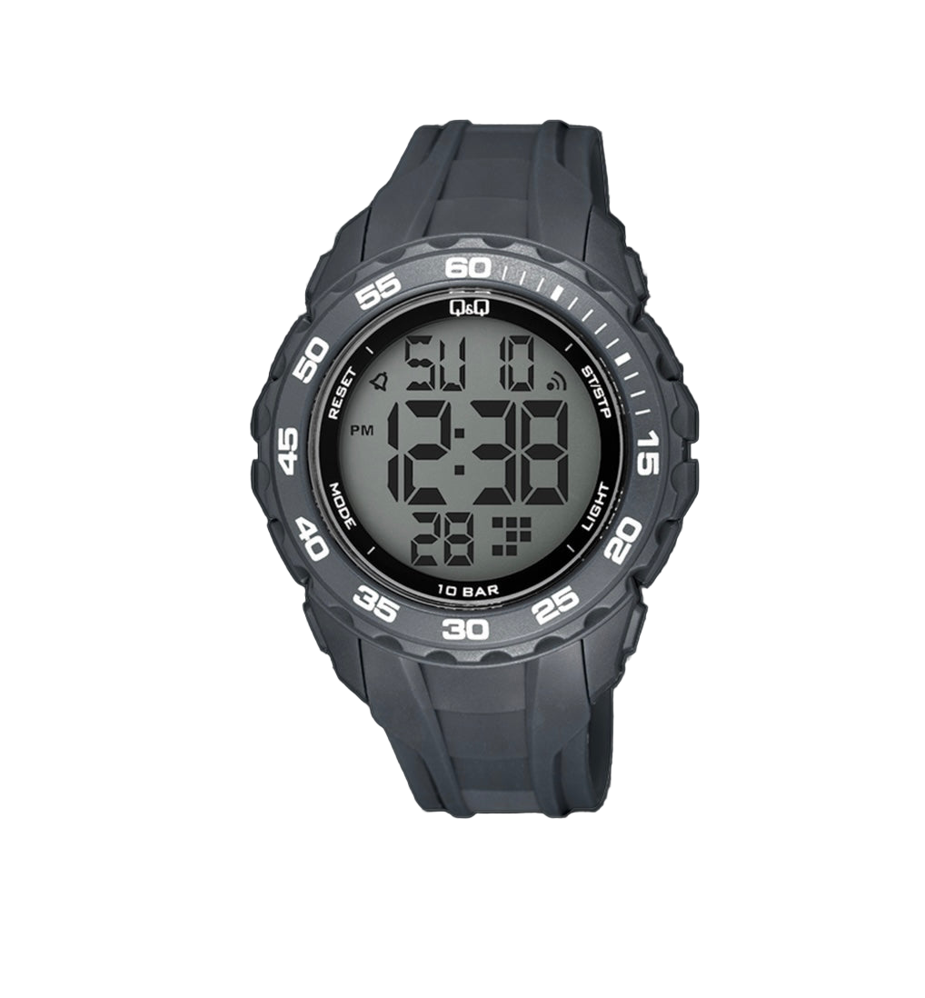 Men’s Q&Q Digital Sports Watch – 100M Waterproof, Grey, Timer, Alarm & More – 1-Year Warranty