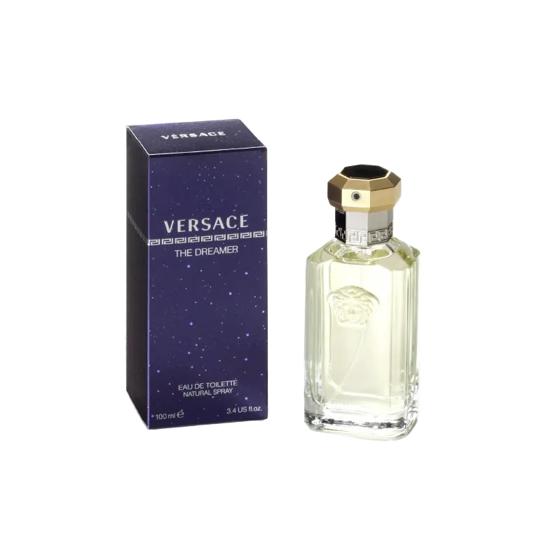 Versace The Dreamer perfume bottle and packaging on a white background