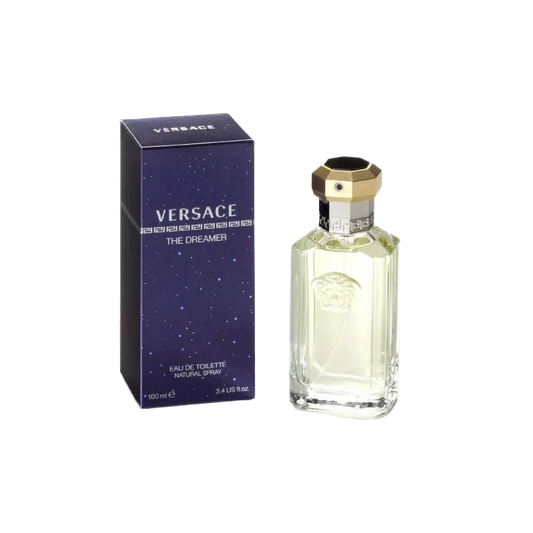 Versace The Dreamer perfume bottle and packaging on a white background