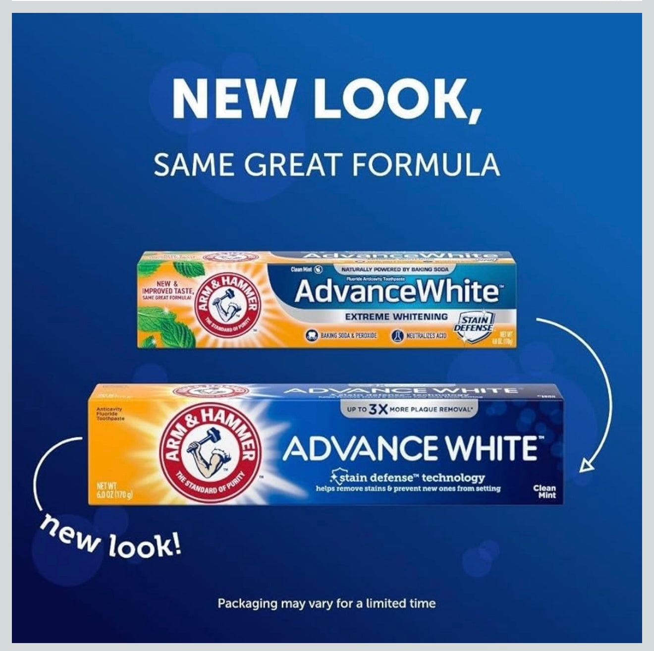 Two packages of Arm & Hammer Advance White toothpaste with a blue background and text about new packaging.
