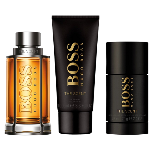 Hugo Boss The Scent perfume set on a white background