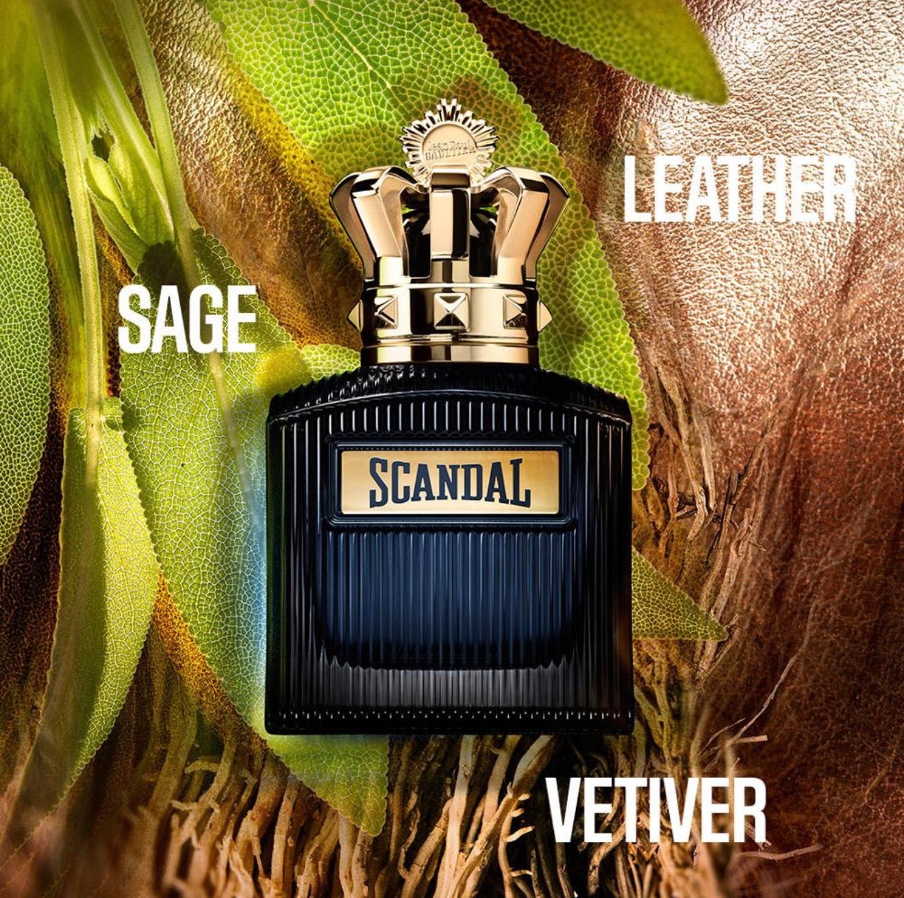 Perfume bottle labeled 'Scandal' with 'Sage', 'Leather', and 'Vetiver' text on a natural background.