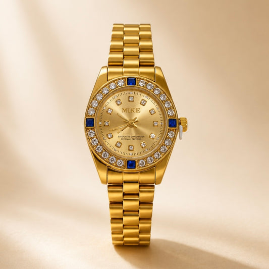 Mike Classy Watch For Women - Gold With Blue Rhinestones