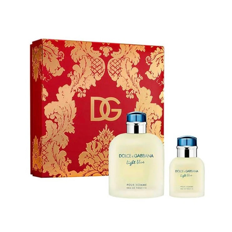 Dolce & Gabbana Light Blue pour Homme perfume set with decorative box on a white background