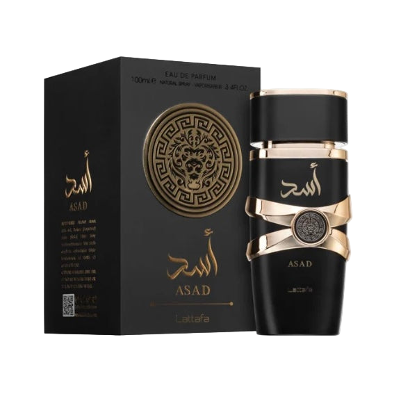 Lattafa Asad Black perfume bottle with gold accents and matching packaging on a white background