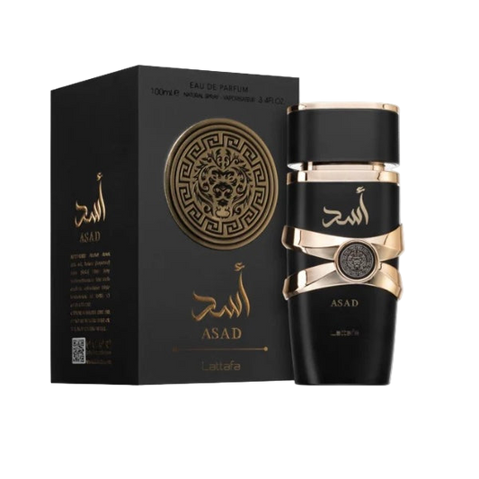 Lattafa Asad Black perfume bottle with gold accents and matching packaging on a white background